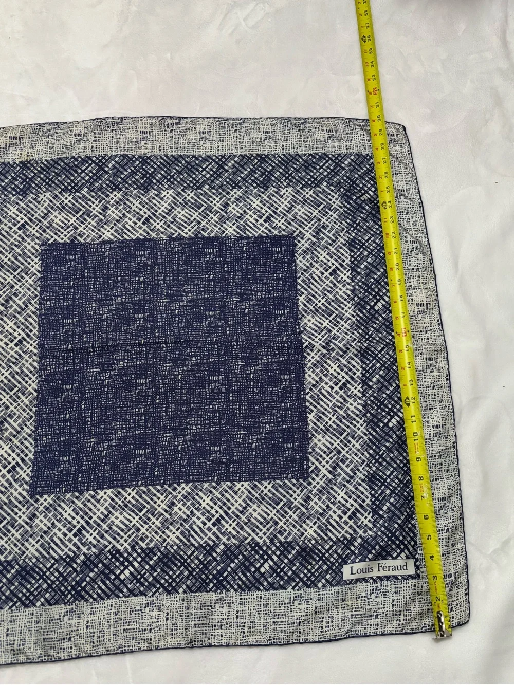 LOUIS FERAUD Vintage Pure Silk Navy and Gray Geometric Square Scarf